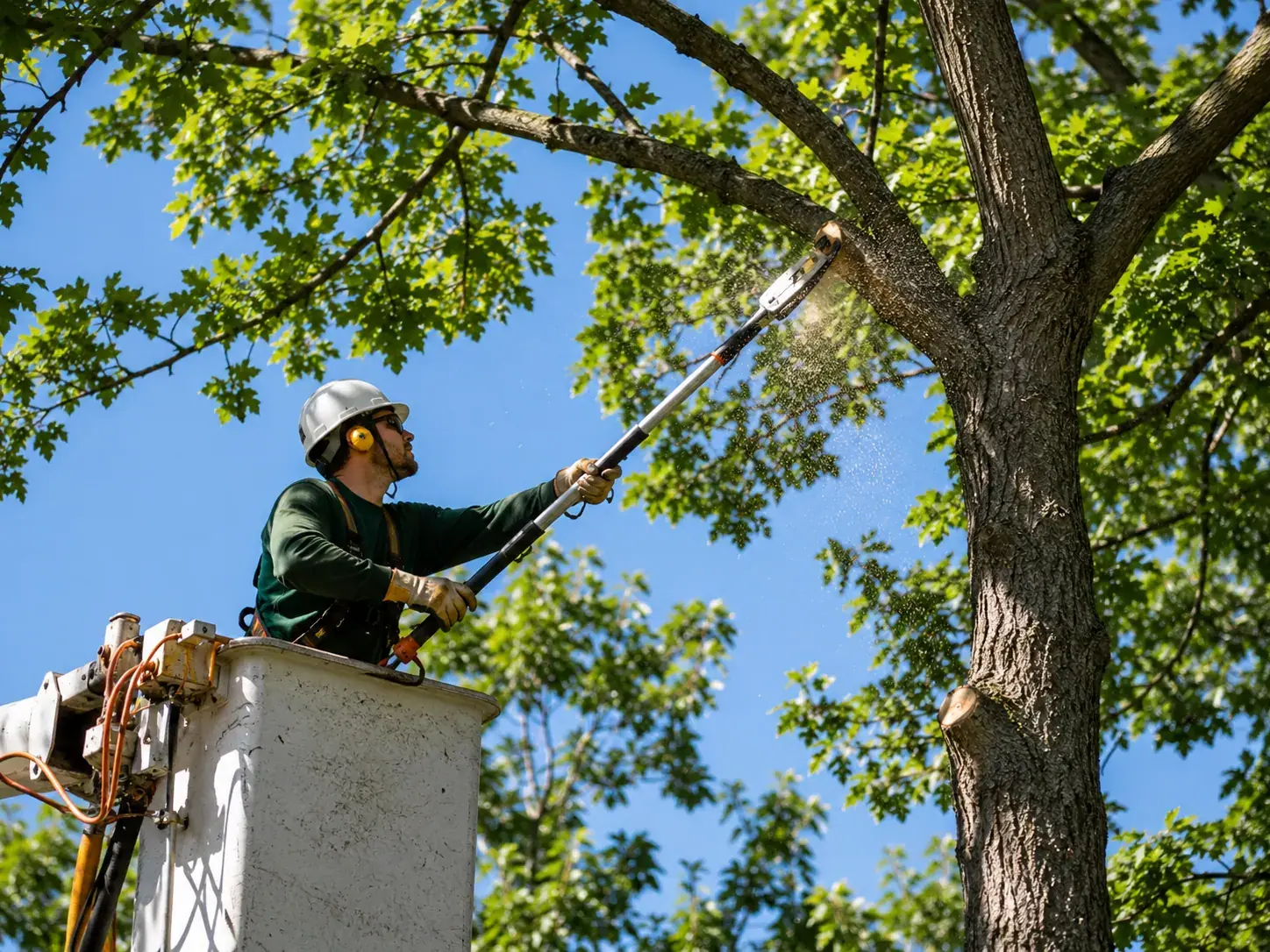 Arborist making a clean reduction cut in a healthy Jacksonville live oak