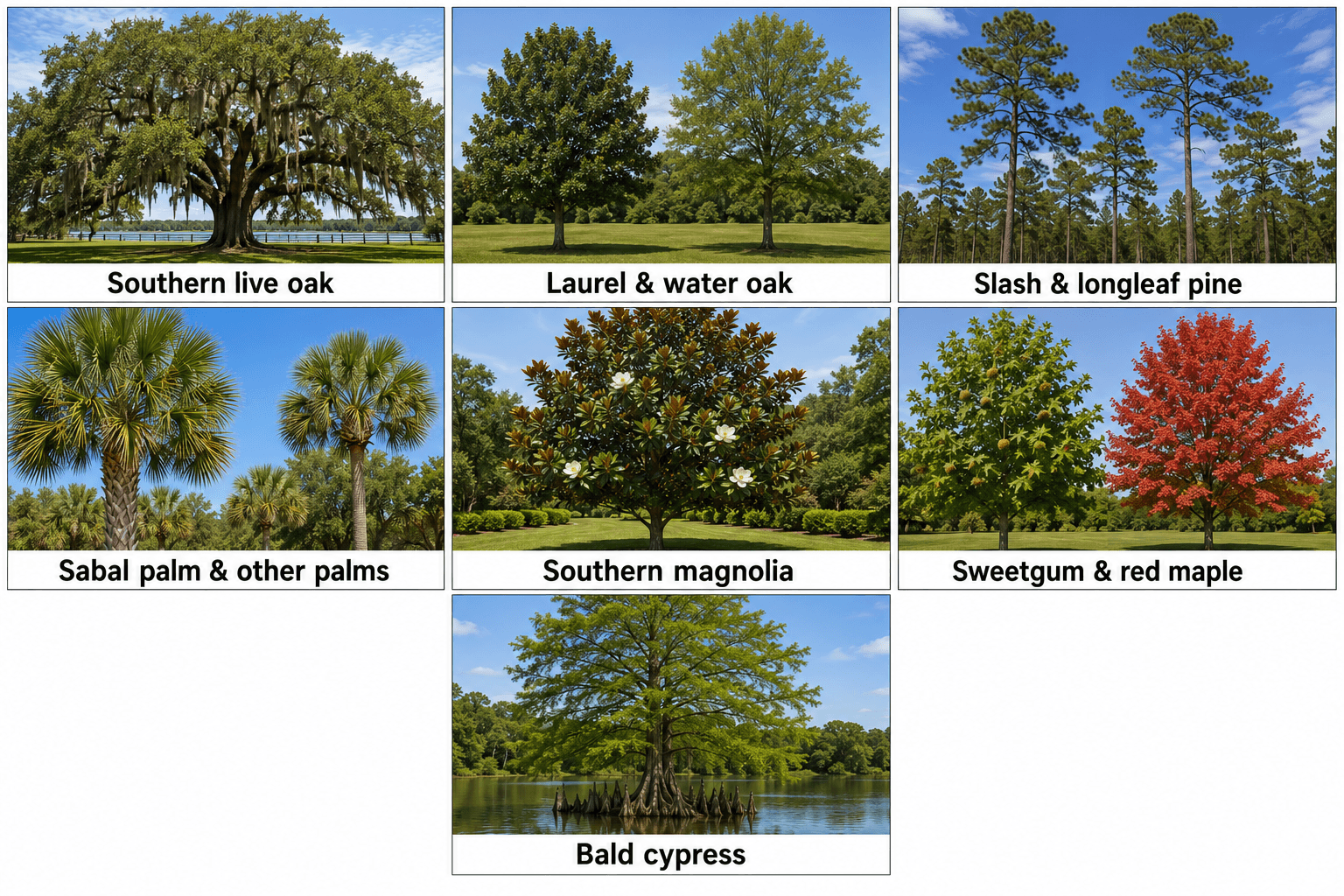 Leaf and bark details from live oak, pine, palm, and magnolia trees in Jacksonville